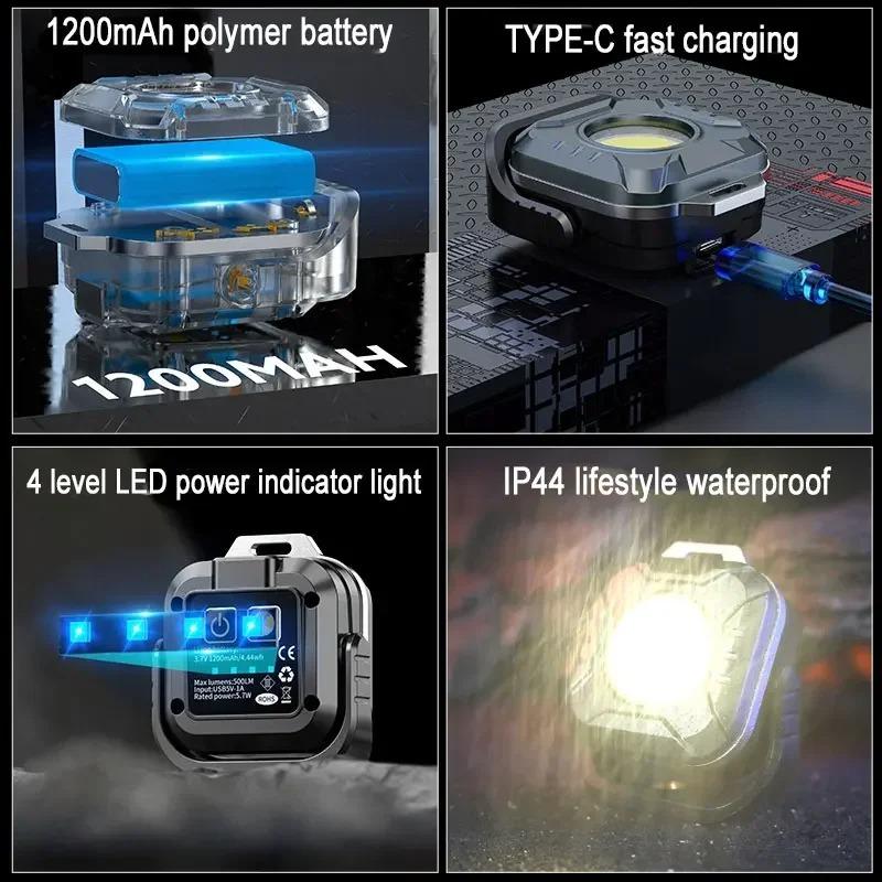 COB Pocket Lamps Keychain Flashlight USB Rechargeable 6 Modes Super Bright Mini Portable Work Light with Magnet Outdoor Camping