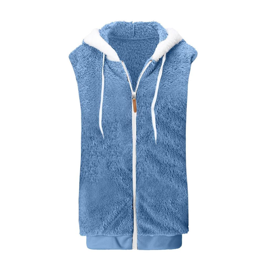 Women's Fashionable Solid Color Plush Zipper Pocket Hooded Sleeveless Loose Warm Vest Jacket