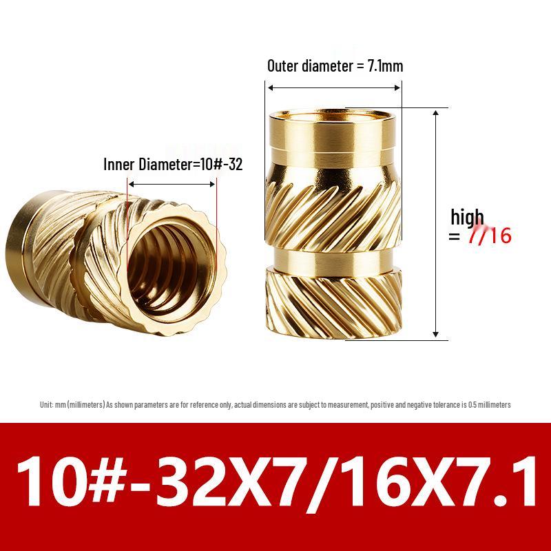 Tu Ba Copper Nut: Hot Melt, Double Diagonal, Knurled, Through-Hole Embedded Insert M1-M8.