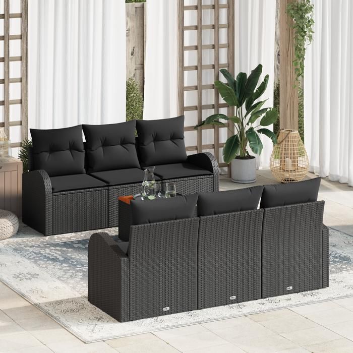 Ensemble de canapé de jardin 7 pièces avec coussins en rattan poly noir acacia, Canapé de jardin 2 places avec rangement 3356196