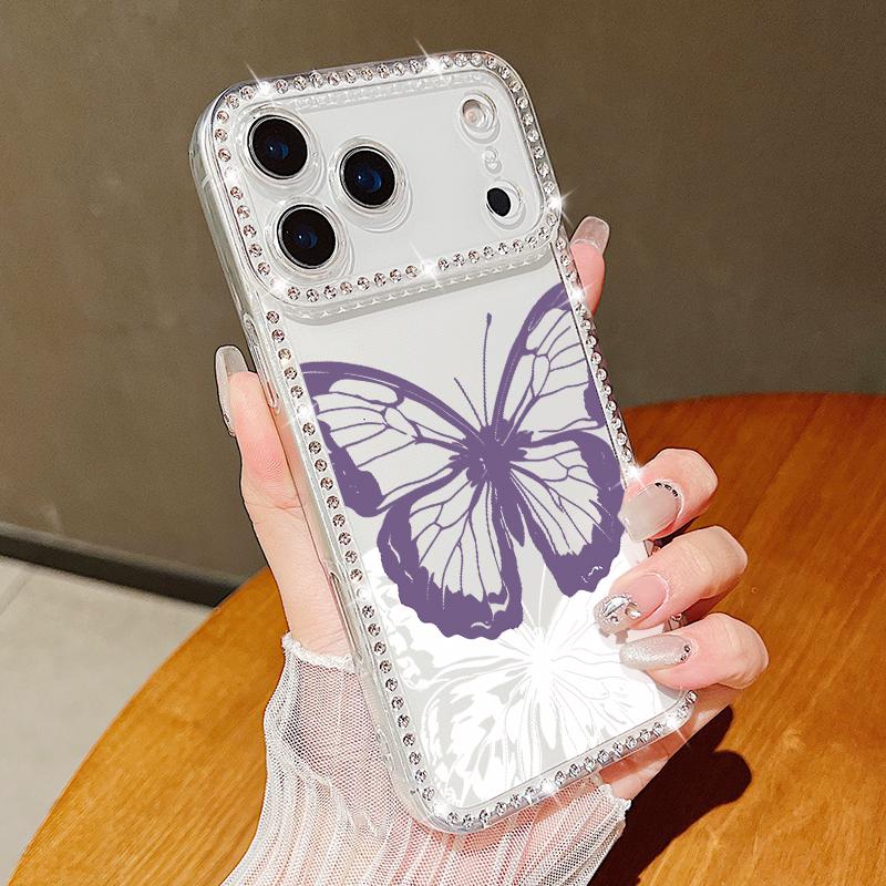 Luxury Bling Diamond TPU Phone Case For iPhone 17 Air 16e 16 14 15 13 17 Pro Max 15 16 Plus 17 Simple Butterfly Print ShockProof Case Cover