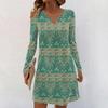 Women's Long-sleeved Casual Midi Dresses V-Neck Print  Casual Dress