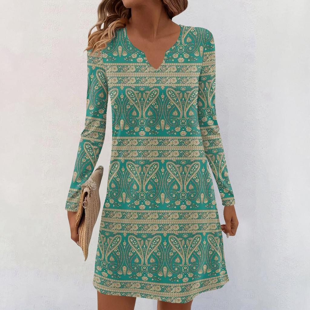Women's Long-sleeved Casual Midi Dresses V-Neck Print  Casual Dress