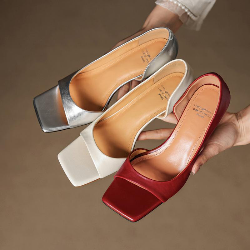 Summer casual leather sandals women's square head mid-heel casual sandals size sandals new open-toed sandals soft sole