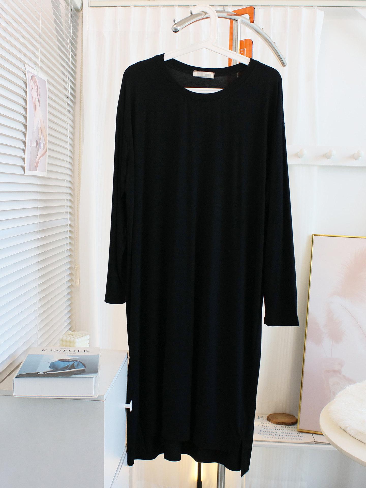 

Loose Modal Long Sleeve Mid-Length Maternity T-Shirt Dress - Plus Size, Round Neck, Homewear & Sleepwear One Size чёрный