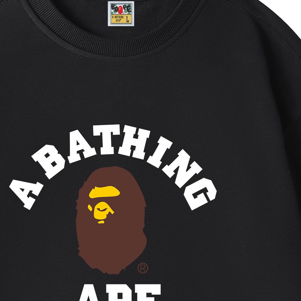 BAPE Spring/Autumn Pure Cotton Terry Men's Sweatshirt - Round Neck, Letter Print, Loose Fit, Unisex, Trendy Monkey Head Design