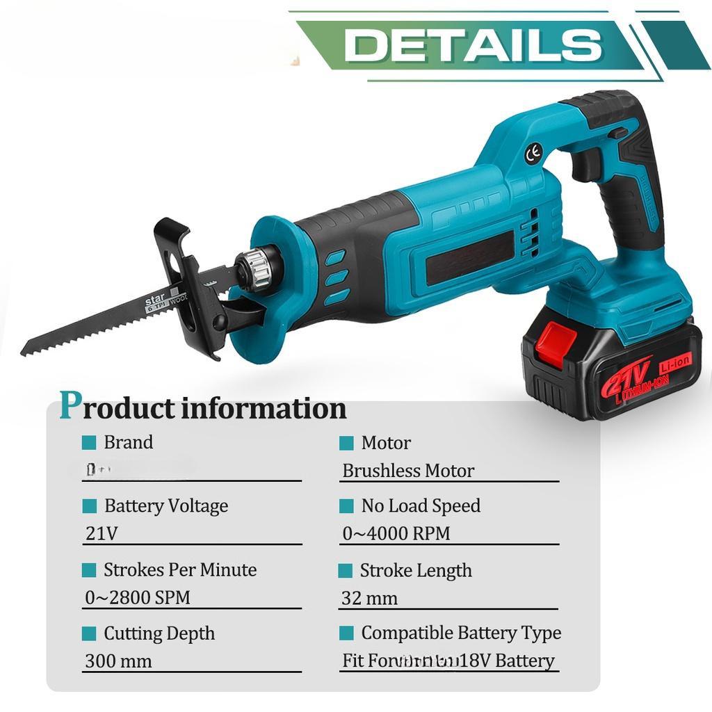 21V Saber Saw with 4PCS Blades Li-ion Battery Metal Pipe Wood Cutting Tool New Cordless Brushless Reciprocating Saw