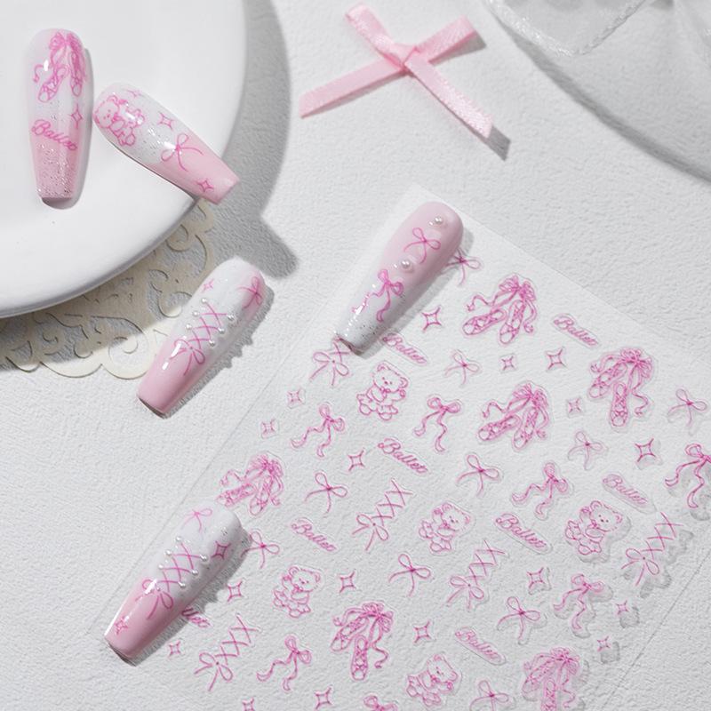 SKY Cute Barbie Dancing Bear Nail Art Stickers with Pink Bow and Stars