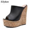 Mode Eilyken Nytt Mode Öppen Tå Plattforms Kile Tofflor Dam Sexig Superhög Klack Sandaler Mules Sommar Skor Storlek 35-42