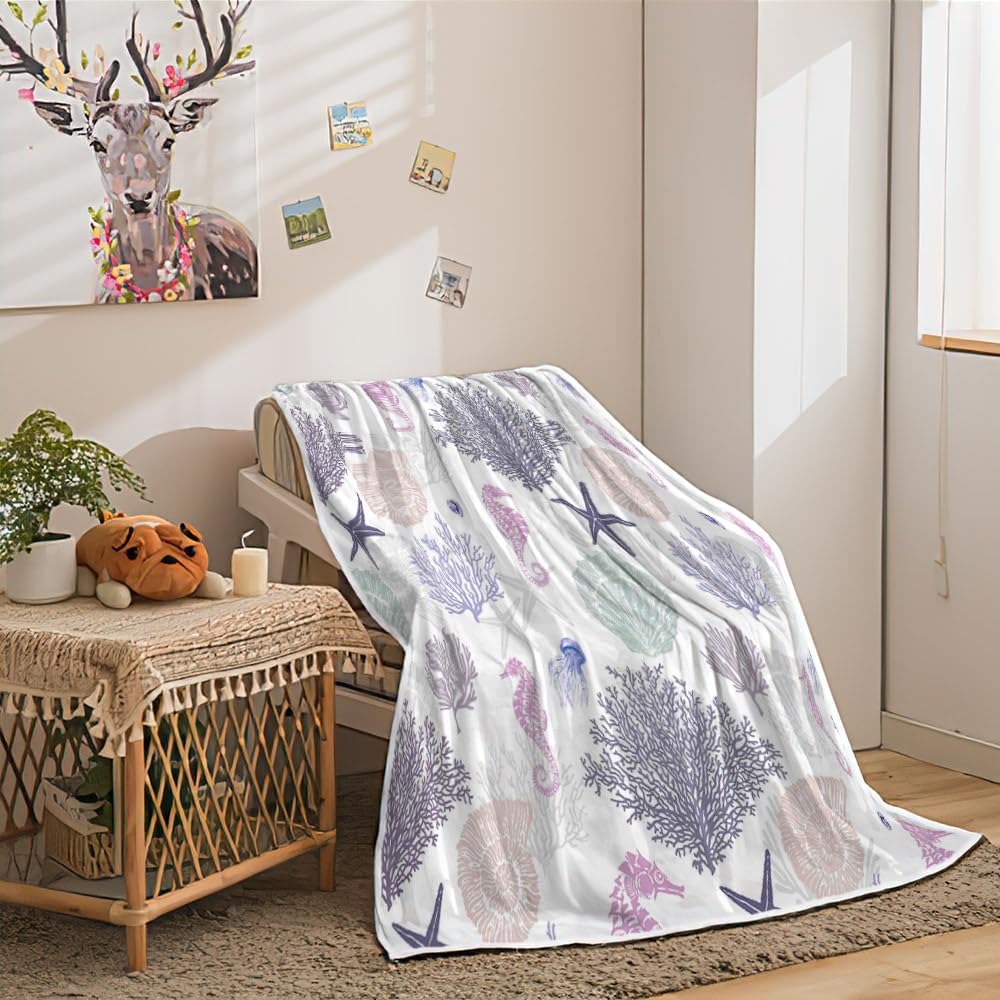 Beach Blankets, Nautical Coastal Throw Blankets, Starfish Seashell Coral Blankets Summer Lightweight Throw Blanket, Ocean Theme Lightweight Soft