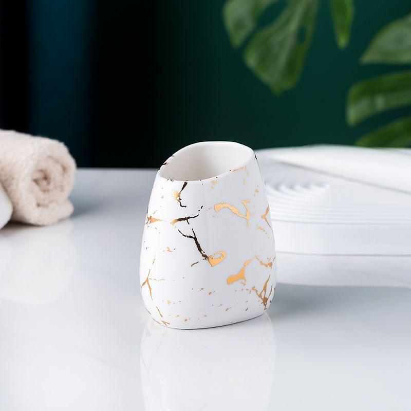 Gold Plated Marbled Ceramic Lotion Bottle Bathroom Supplies Mouthwash Cup Toothbrush Cup Soap Dish Set Hotel Wash Lotion Bottle