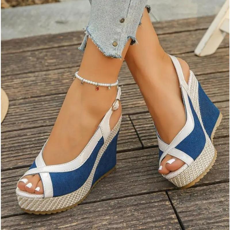 Shoes Women Ankle Buckle Wedges Sandals Summer Denim Sandal Comfortable Thick Sole Sandalias Mujer