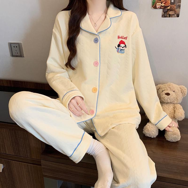 Air cotton pajamas women's autumn and winter long sleeves thickened interlayer warm stars cat student loungewear real shot