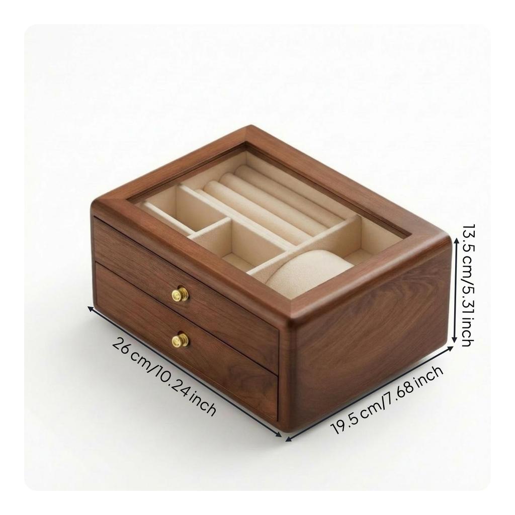 Jewelry Storage Box Wooden with Glass Lid Multi-Compartment