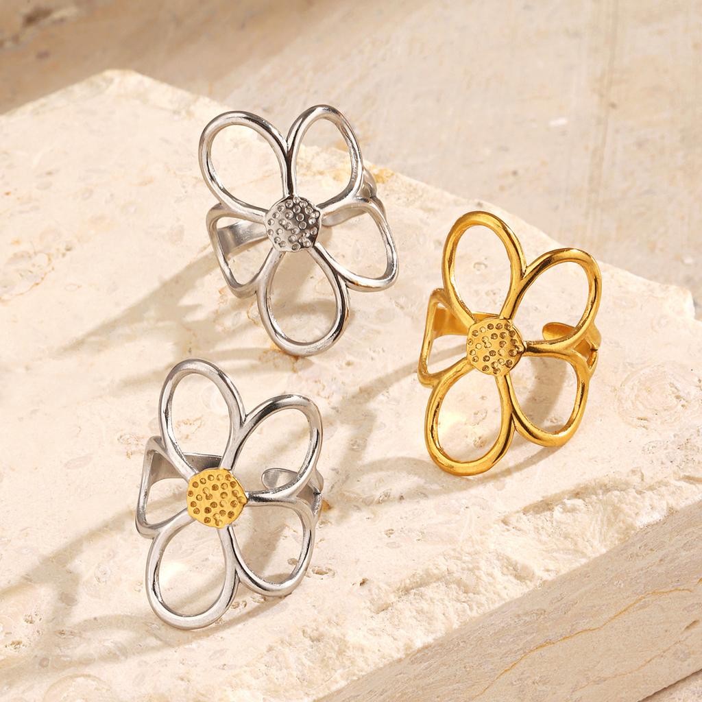 Stainless Steel Hollow Flower Rings for Women Retro Creative Light Luxury Open Ring 18K Plated Anti Allergic Rust Proof Jewelry