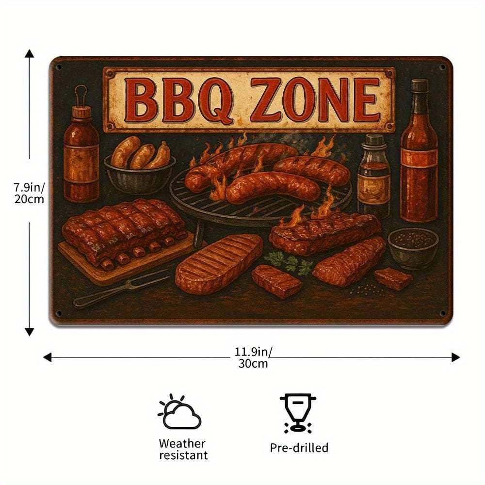 BBQ Zone Retro Metal Sign 20x30cm - Grilled design wall decor for home, bar, or restaurant.