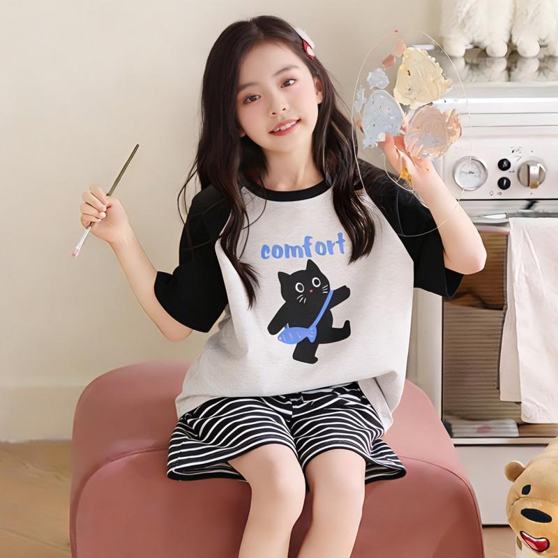 Girls Cartoon Print Short Sleeve Cotton Pajama Set Sleepwear Comfortable Home Outfit Ages 8