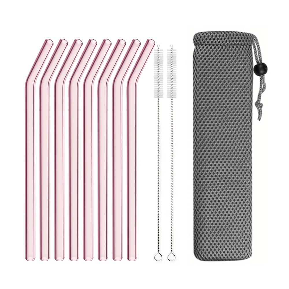 3/5/10/11Pcs Reusable Glass Straws Pink Glass Drinking Straws 8mm Tubes Juice Smoothie Tea Straws Glasses Straw Set for Drink