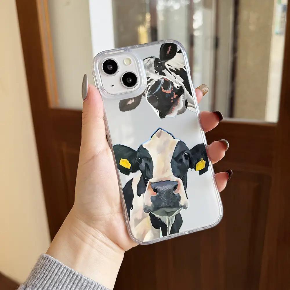 Cute cow transparent phone case suitable for iPhone 17 16 15 14 13 12 11 Pro/Max/Plus anti drop and shockproof back cover