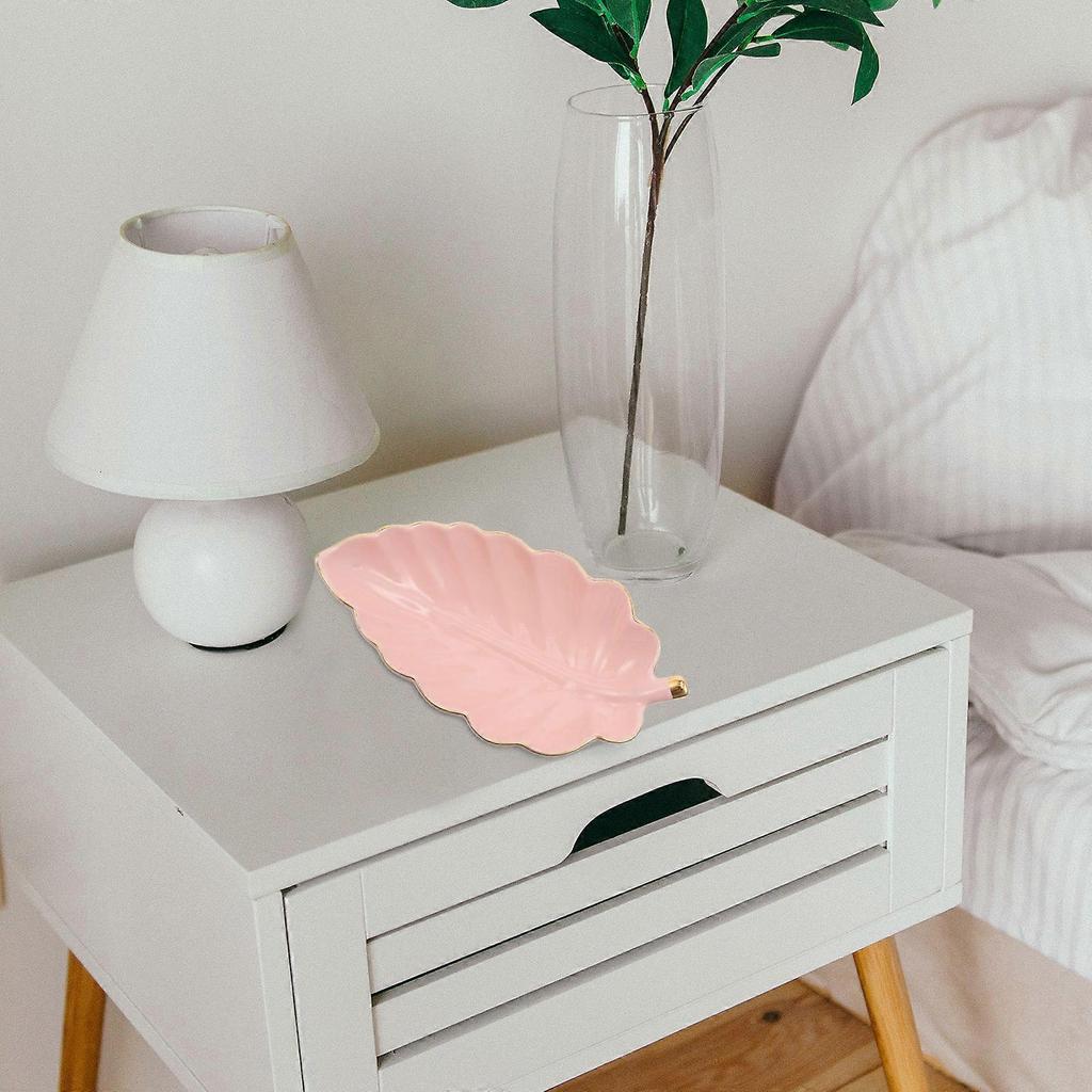 Pink Ceramic Leaf Tray Gold Edge Jewelry Storage Plate for 1 Tray