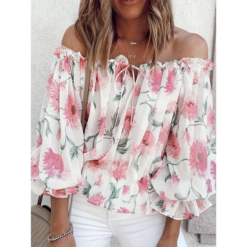Sommer Bootausschnitt Bedrucktes Chiffon-Hemd Halbtransparent Dünnes Laternenärmel Top für Damen