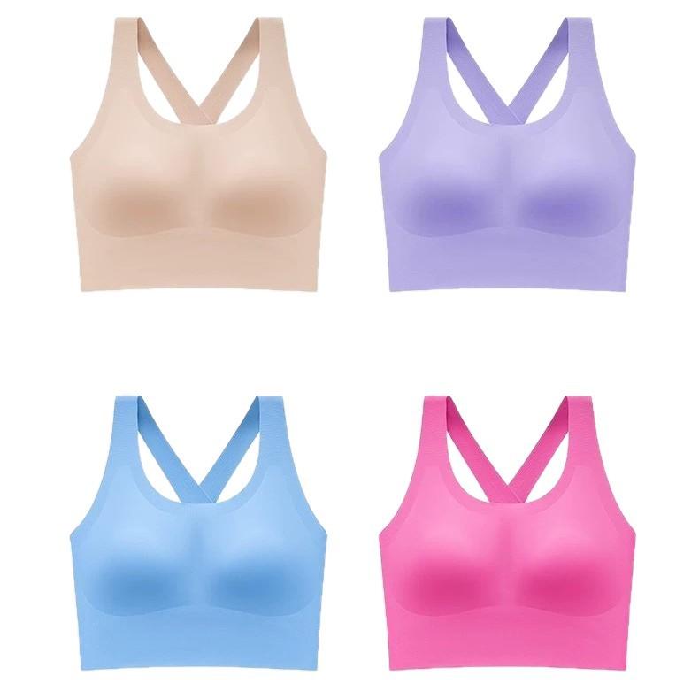 Herbal primary color underwear women's new gathered seamless breathable nude ice silk wide shoulder strap sports cross vest
