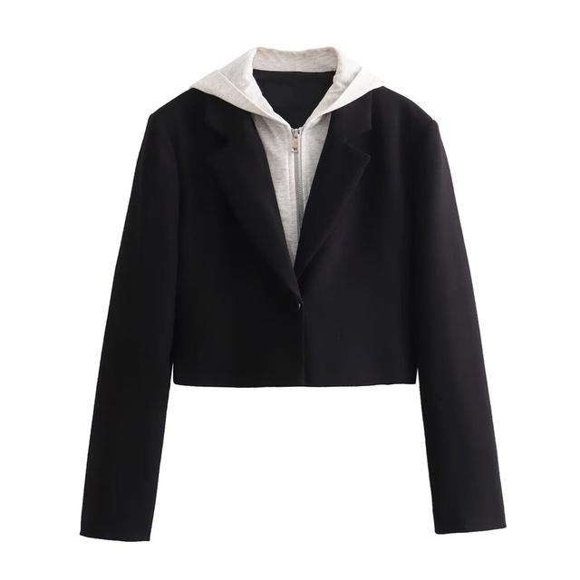 

Весенняя женская мода и повседневный универсальный приталенный крой с длинными рукавами и капюшоном короткий костюм пальто больших размеров XS чёрный