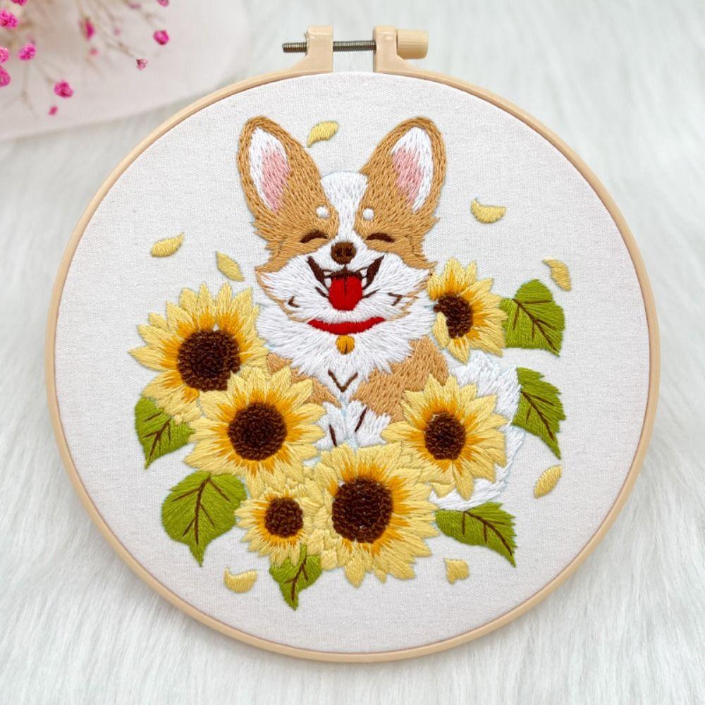 Floral Patterns Cross Stitch Set Corgi Embroidery Set Home Decor Dog Embroidery Kit  Beginner