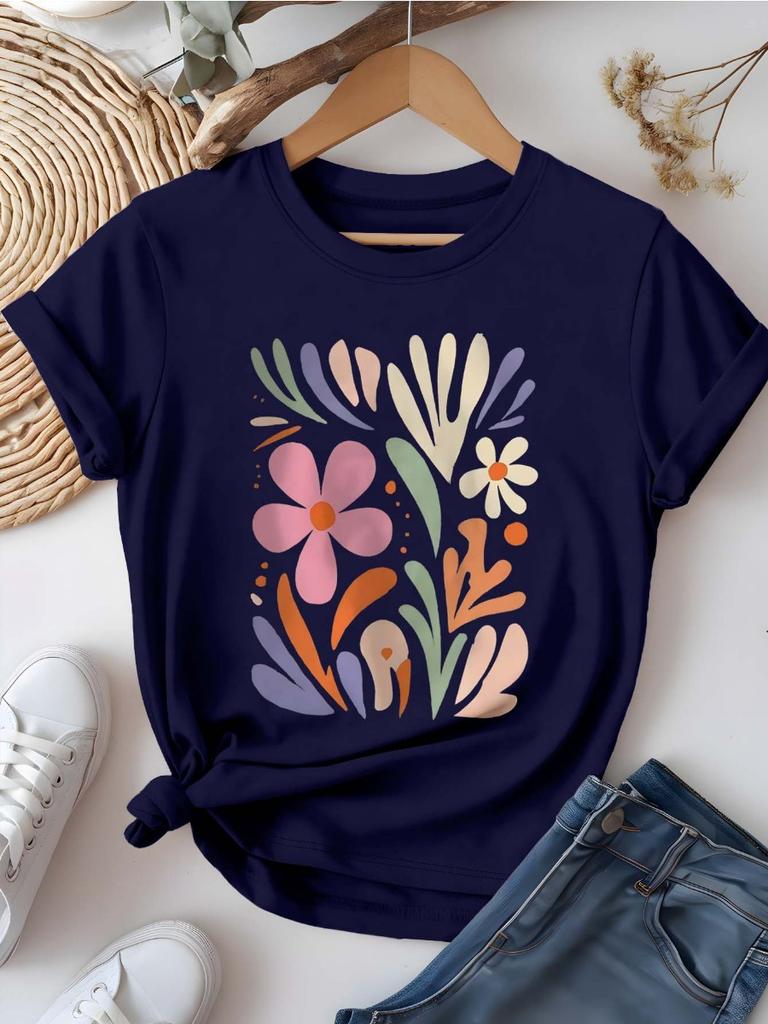 Artistic Floral Graphic Print Women T-shirt Chic Fresh Trendy Summer Cotton Short Sleeve Tee