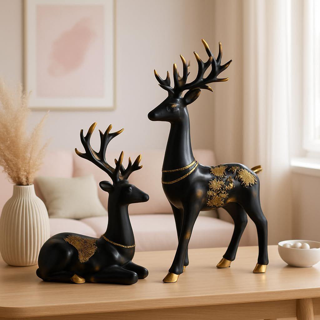 Creative Resin Golden and Black Reindeer Sculptures | Beautiful Home Decor | Lifts Up Energy of Your Room (Pack of 2, Black)