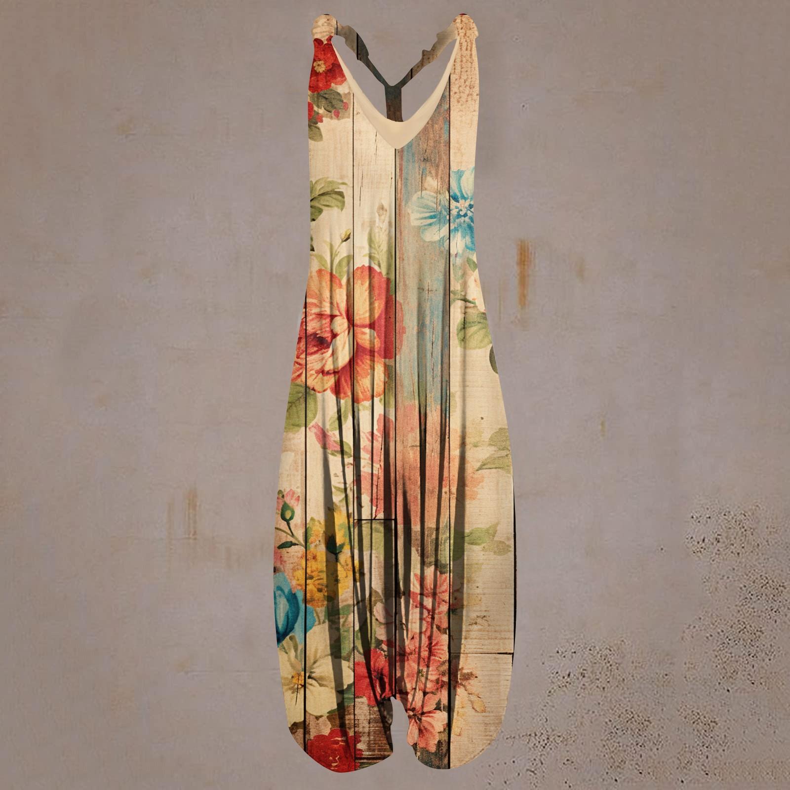 

Women s Casual Print Loose Large Size Casual Sleeveless Strappy Jumpsuit XXXXXL шафрановий