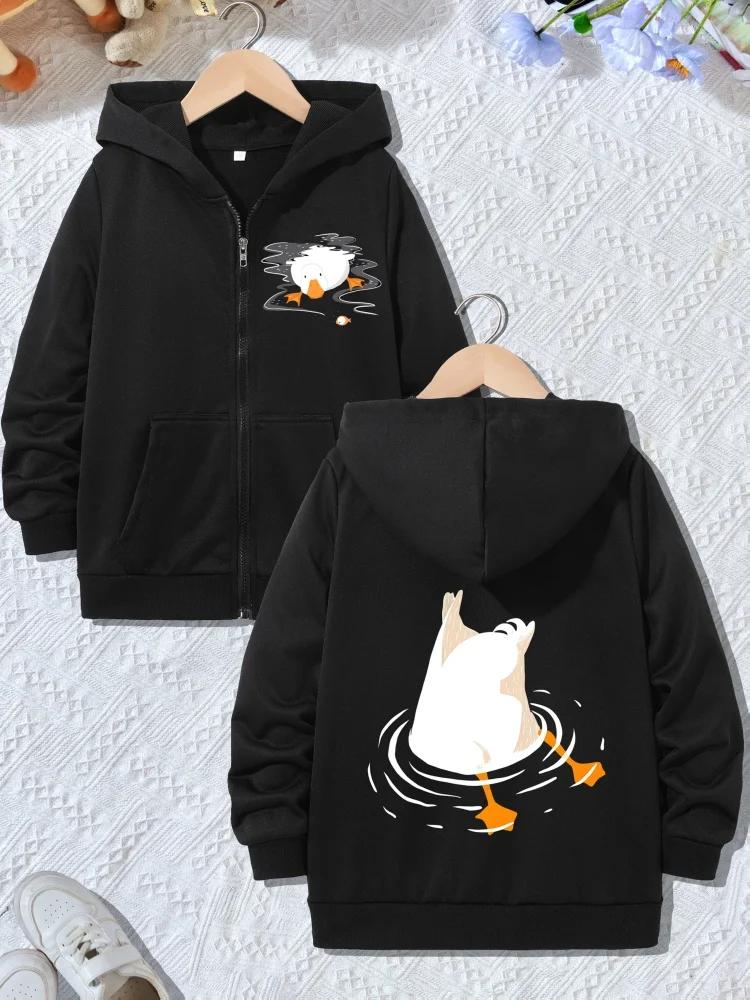 Kids Zip Up Hooded Jacket Funny Upside Down White Duck Water Ripple Graphic Long Sleeve Casual Outerwear For Boys Girls
