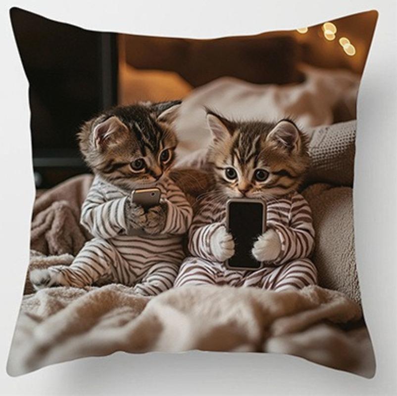 Moderne Katzen- & Smartphone-Druck Dekoratives Kissenbezug Reißverschluss Maschinenwaschbar Sofa Wohnzimmer Heimdekoration