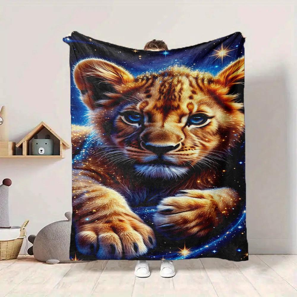1pc Lion Cub Print Blanket Lightweight Flannel Blanket Throw Blanket For Sofa, Bed, Travel, Camping, Livingroom, Office, Couch, Chair, And Bed yy25101