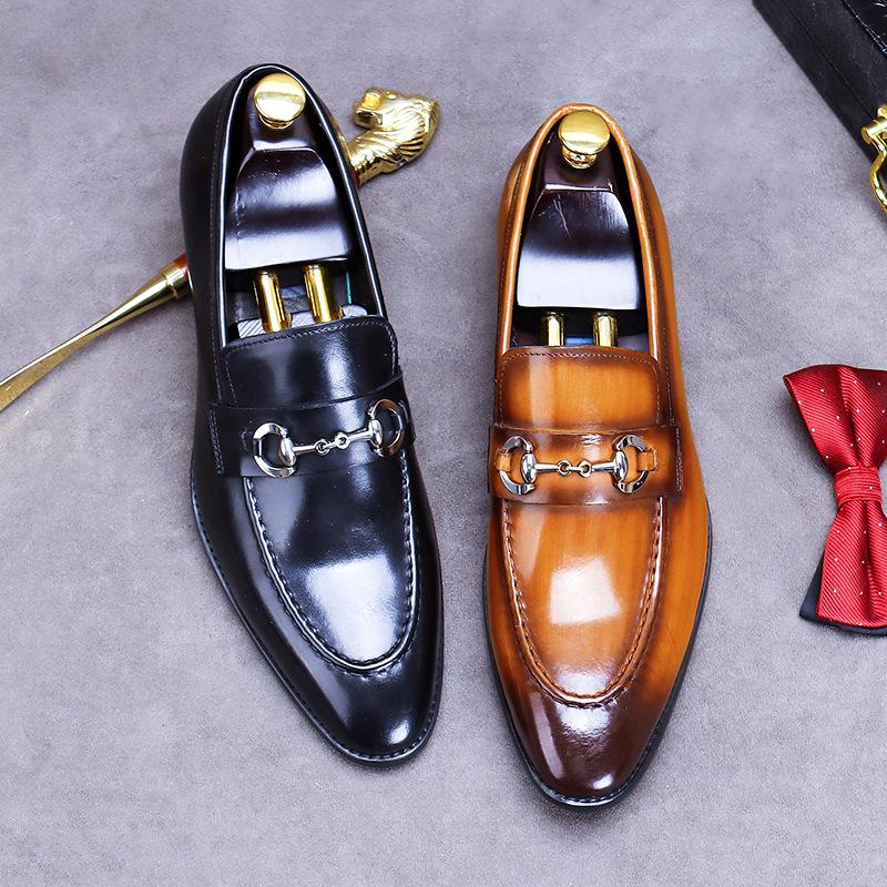 Fashion Plus Size 38-46 Black Mens Loafers Casual Business Shoes With Metal Decorated Genuine Leather Wedding Dress Shoes