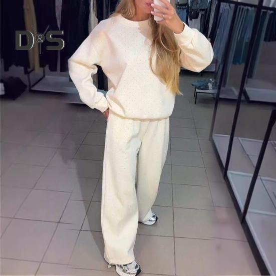 2 Pcs/Set Women Top Pants Suit Round Neck Long Sleeves Rhinestone Decor Sweatshirt Elastic Waist Wide Leg Trousers Daily Wear Sport Outfit Fall