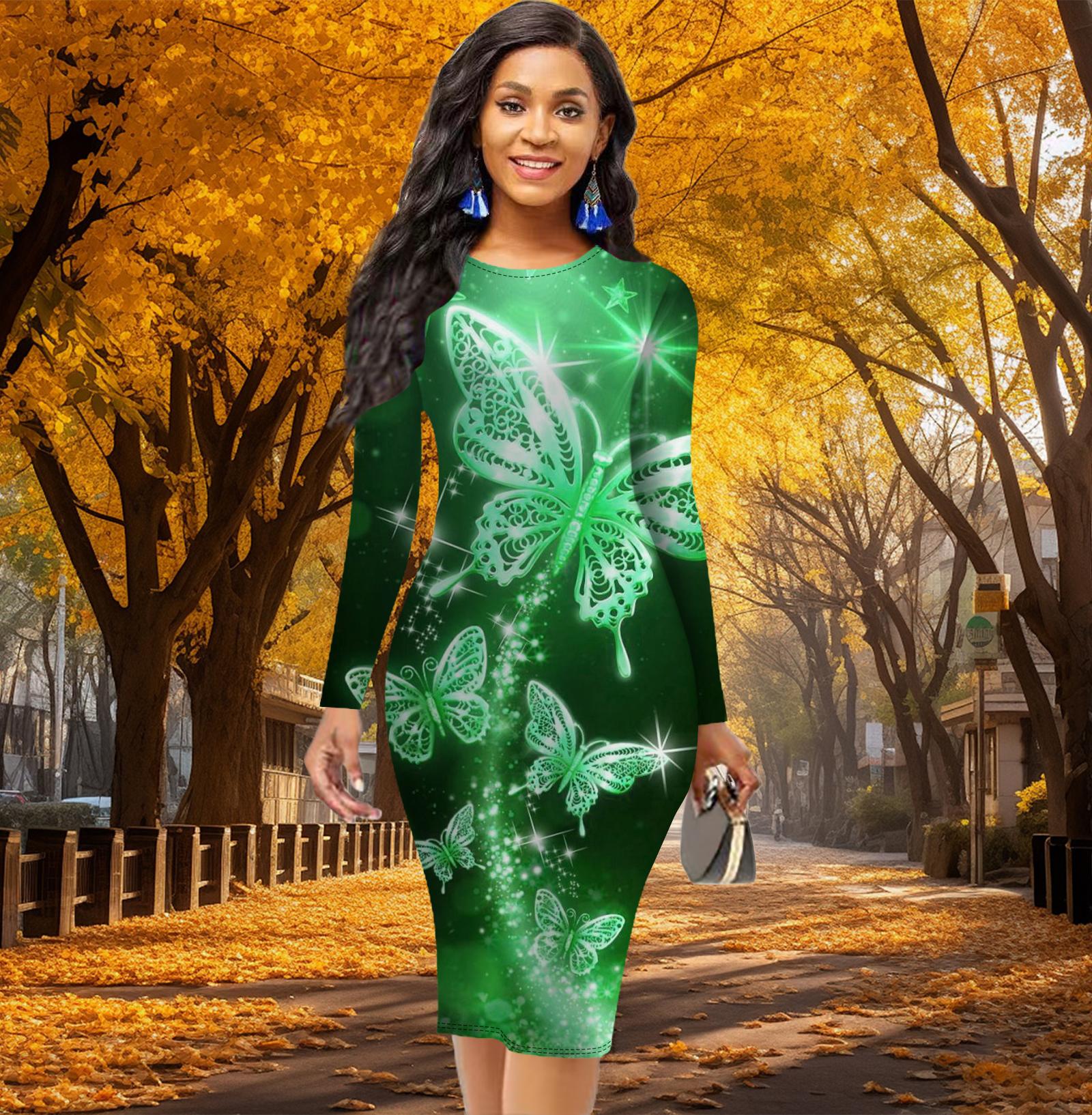 

Длинный рукав, облегающее, офисное, облегающее, с принтом бабочек, элегантное облегающее платье 5XL зелёный