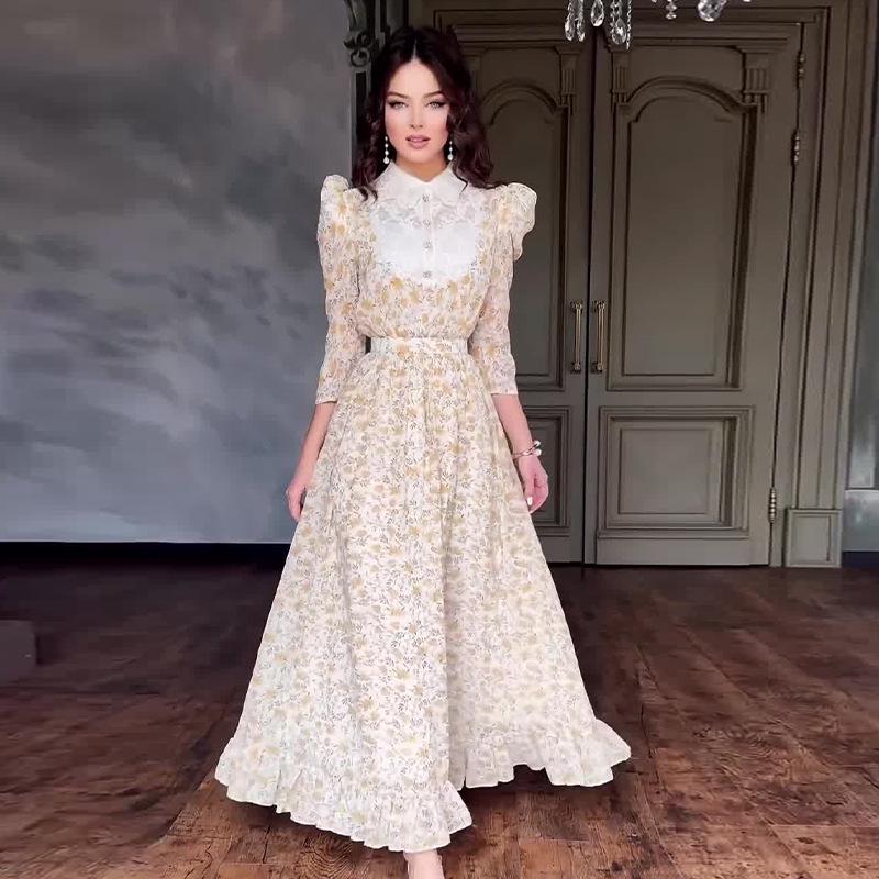 

Летнее женское длинное платье с пасторальным цветочным принтом для перерыва на чай 2X Large оранжевый