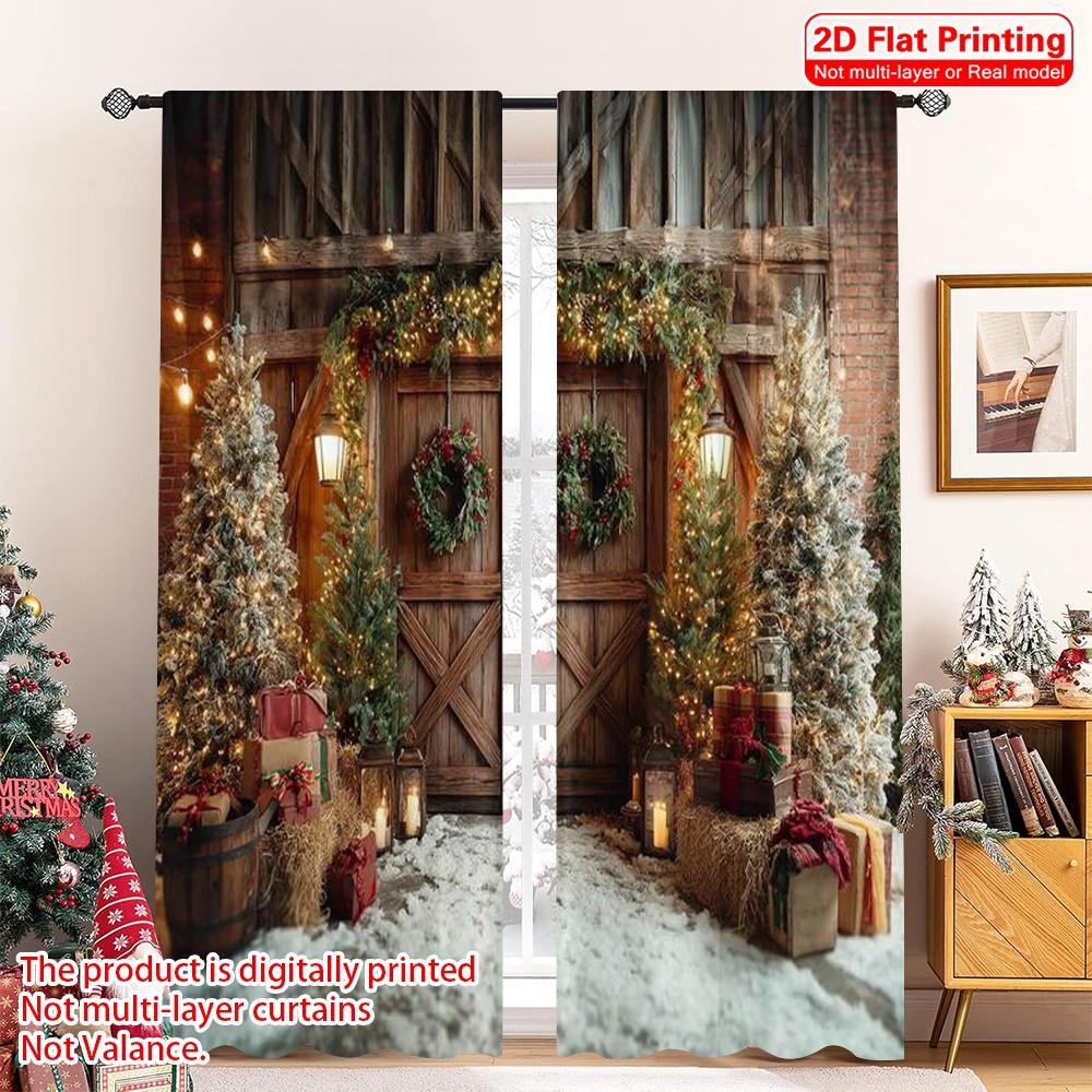 

Set Of 2 Flat Printing Merry Christmas Curtains Lodge Versatile Durable Polyester Without Electricity Birthday Party Curtain W100*H70(CM)-Hooks&1PCS