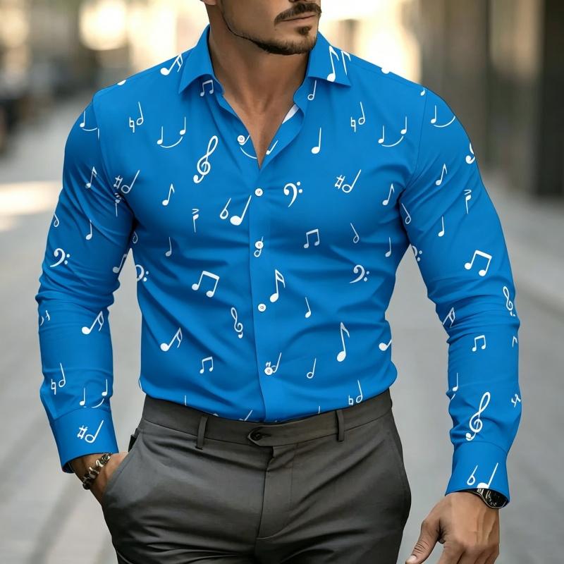 Men's Music Note Print Long Sleeve Shirt Fashion Slim Fit Button Down Casual Blouse Tops