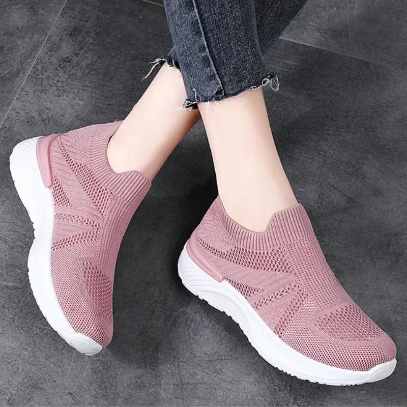 Breathable Mesh Women's Running Shoes Knitted Casual Sneakers Soft Walking Shoes Slip-on Flats Socks Shoes