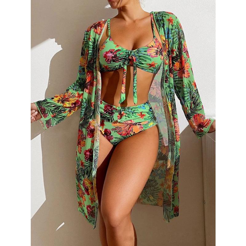 Split Three Piece Floral Printed Swimsuit Women Bikini Set Wireless Bra with Pad Sport Top Long sleeve Blouse Swimwear Plus Size
