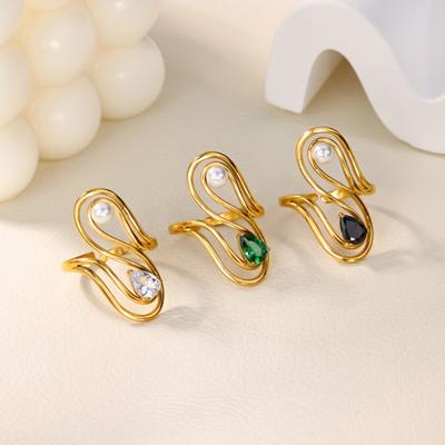 Water Drop Zircon Rings For Women Men 18K Gold Plated Stainless Steel Geometric Line Opening Ring Wedding Elegant Jewelry