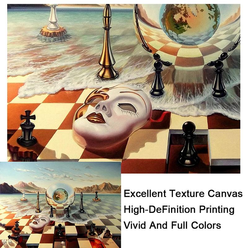 Salvador Dali Abstract Weird Canvas Painting Surrealism Chess Mask On Sea Poster Print Wall Art for Living Room Wall Decoration
