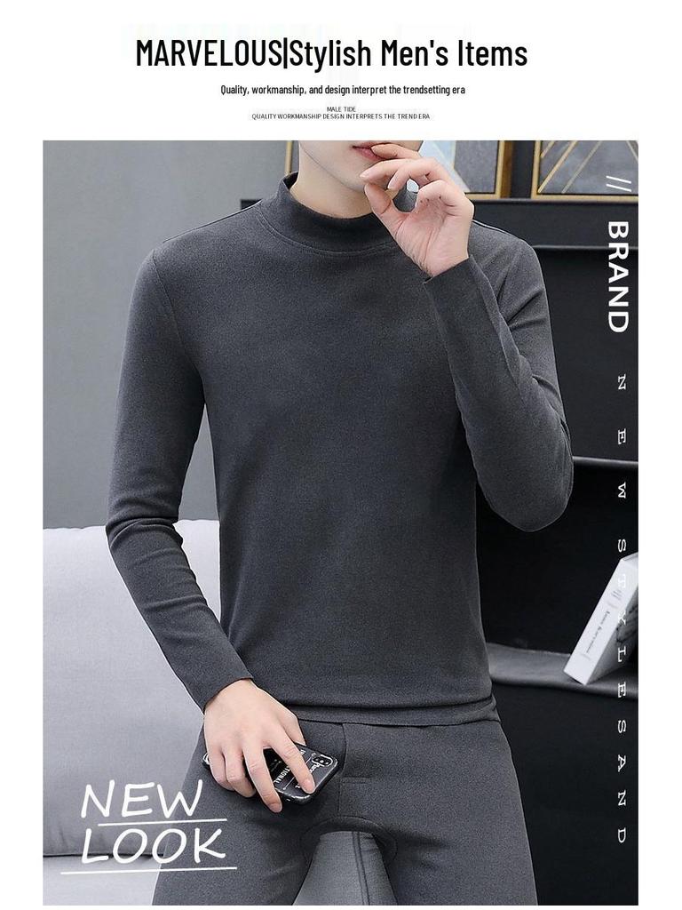 Men's Double-Sided German Velvet Semi-High Neck Warm Set for Autumn & Winter