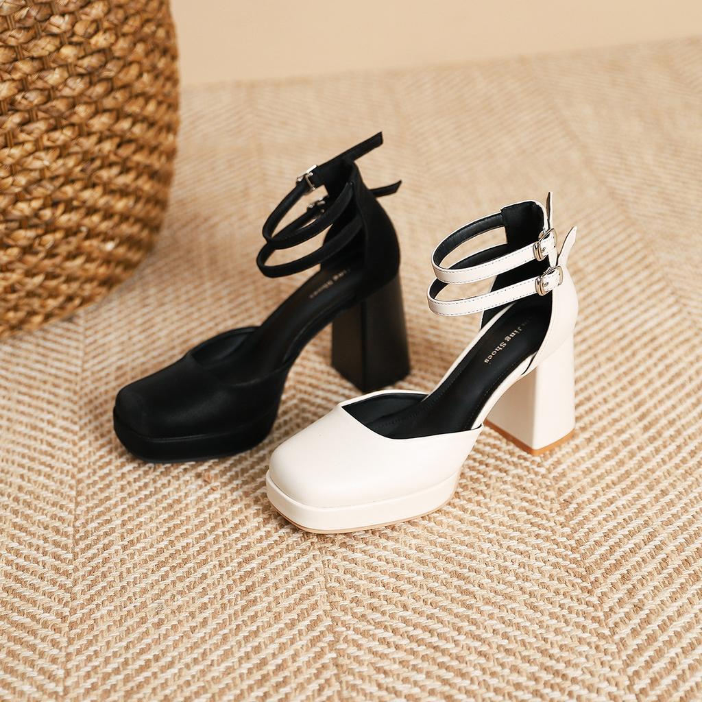 3359-22 Fashion and Sexy Strap Square Head Thick Heel Single Shoes Women's British Style Black High Heels One-word Belt Women's Shoes