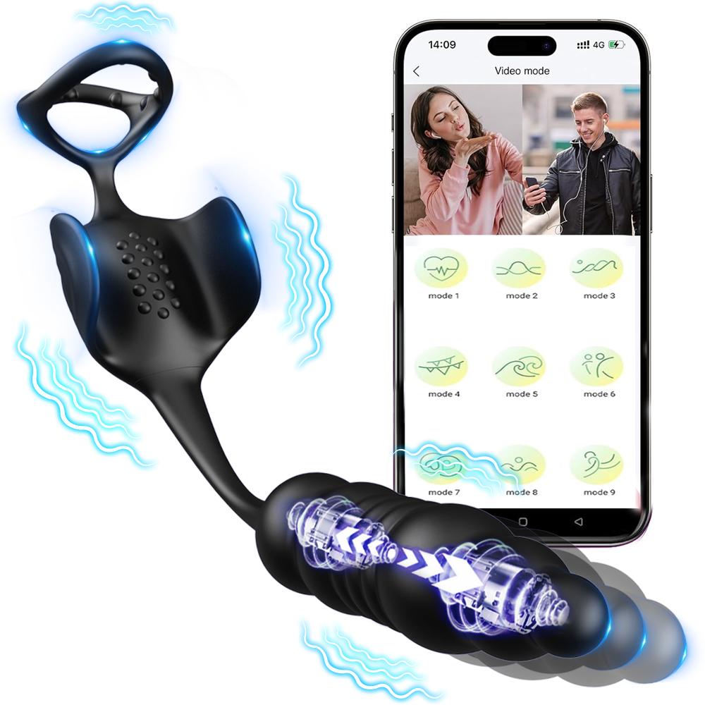 Anal Sex Toy with Cock Ring Thrusting Prostate Massager Taint Testicle Stimulator Remote Control Butt Plug Penis Ring Vibrator