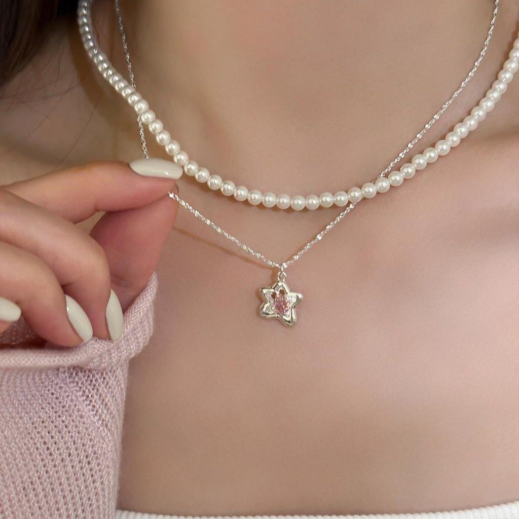 Elegant Korean Style S925 Silver Pink Star Zircon Necklace - Trendy Women's Clavicle Chain Choker