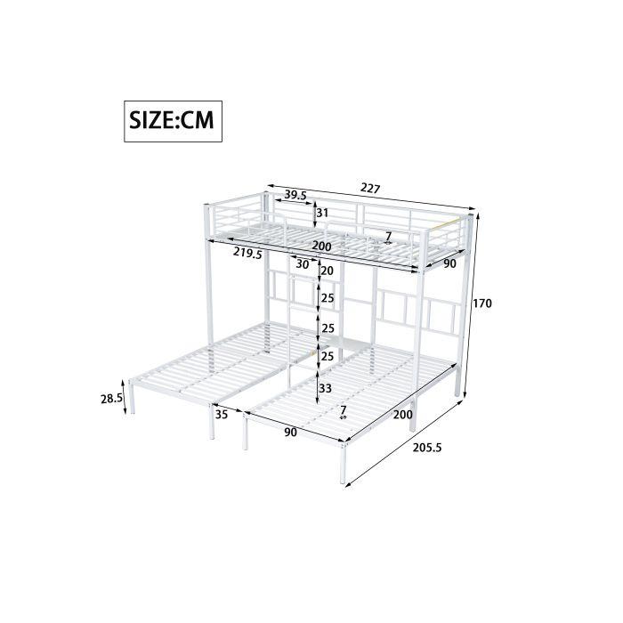 Lit Superposé Triple - MUVOE - 90x200cm - Métal Blanc - 3 Places - Échelle Sécurisée