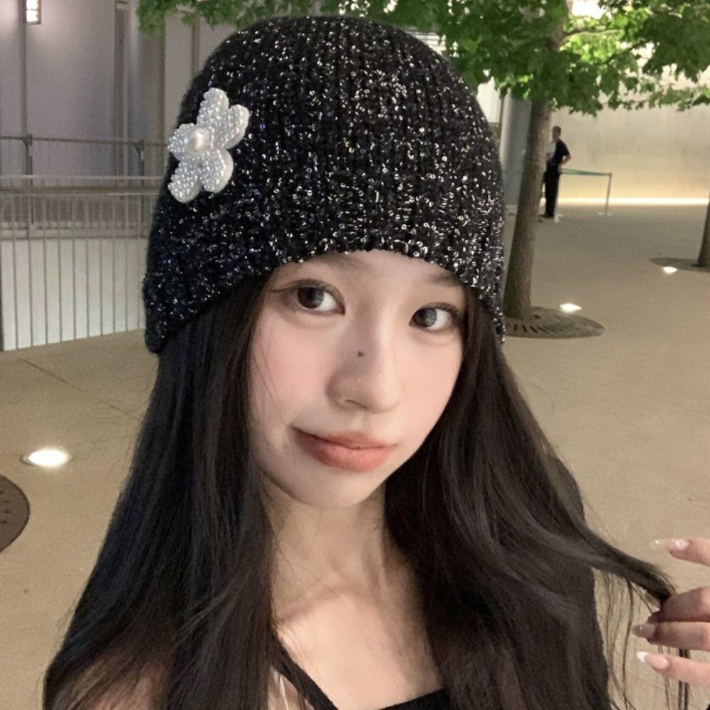Hollow Sequin Knitted Hat Vintage Woven Cap Retro Beanie Hat  Autumn